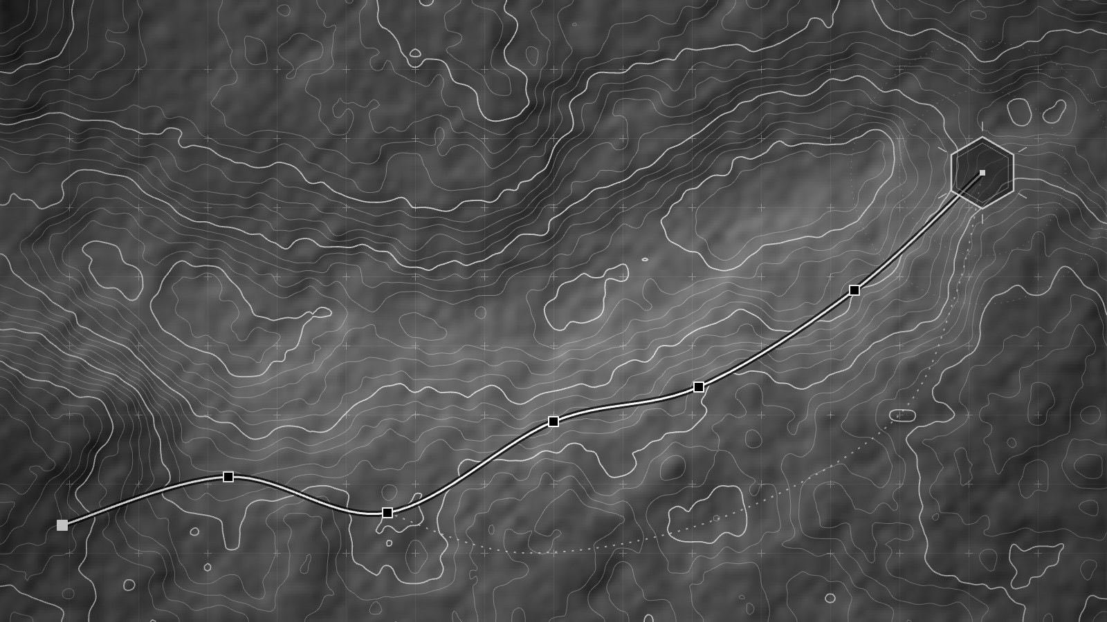 Abstract survey plate: contour lines over terrain, with a marked route, waypoints and a hexagon at the destination.